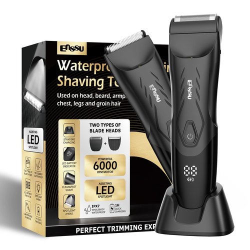 LEMULEGU Men Hair Trimmer with Dual-Blades,Electric Waterproof Body Grooming Shaver,Painless Quiet Hygiene Razor with Standing Charging Dock Black