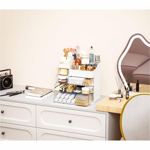 White Countertop Makeup Organizer with 6 Drawers,Large Capacity Skincare Organizers for Vanity,Desk,Dresser,Plastic Bathroom Counter Organizer for Beauty,Skin Care,Perfume,Make up Brush Organization