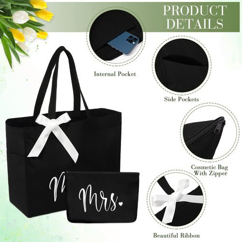 Cunno Bride Tote Bag with Makeup Bag, MRS Polyester Set for Women, Large Black, Wedding Gifts
