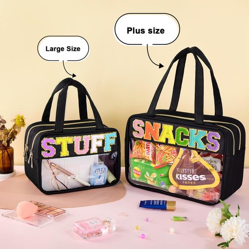 Chenille Letter Clear Makeup Bag, Preppy Clear Snack Bags with Zipper, Stuff Bag Waterproof Sunscreen Bag Travel Toiletry Bag Cosmetic Pouch for Women and Girls (Snacks, Plus Size)