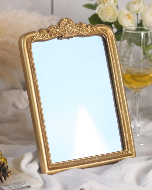CMGL Gold Vintage Vanity Square Mirror, Antique Mirrors for Wall Decorative, Unique Cute Small Mirror, Table Top Makeup Framed Mirrors, Bathroom, Bedroom, Living Room,Fireplace,10.2" L x 7.3" W Gold