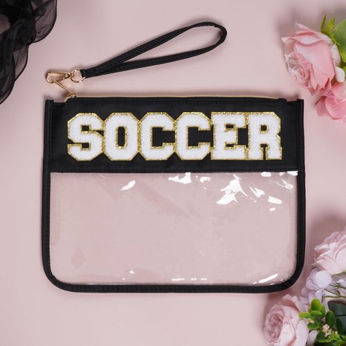 Hmxpls Chenille Letter Bag, Clear Nylon Cosmetic Makeup Bag with Zipper, Varsity Preppy Patch Flat Travel Pouch for Women Girls Gift (Black-SOCCER)
