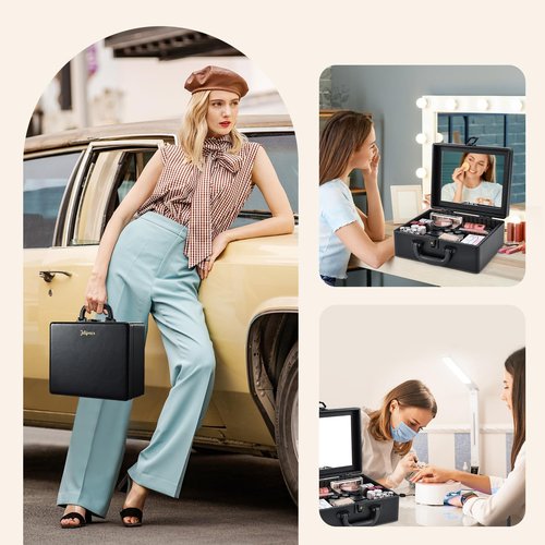 Joligrace Travel Makeup Case with Mirror, Makeup Organizer Case, PU Leather Makeup Train Case Portable Vanity Case Make up Box Countertop Storage Bag for Women,with Adjustable Dividers & Brush Holder