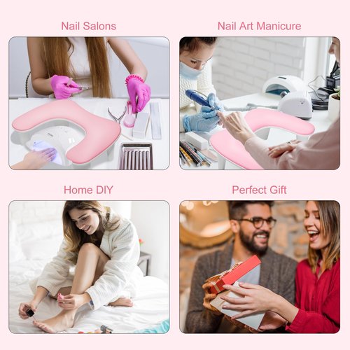 Ruetail Two Hands Arm Rest for Nails Tech U-Shape Nail Hand Pillow with 6Pcs Nail Files Professional Portable Nail Stand Hand Rest Leather Manicure Rest Stand Salon Manicurist Essentials (Pink)
