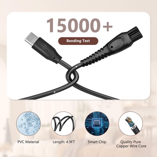 15V Charger with USB-C Replacement Power Cord Bundle for Philips Norelco Shavers & Beard Trimmers–Compatible with HQ8505, QP6531, MG7750, S1211, S9987, BT3210, BT3230, BT5511, BG5025, OneBlade