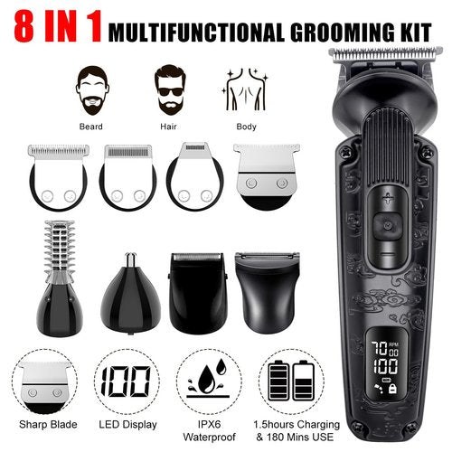 Hatteker Beard Trimmer for Men Mustache Trimmer T-Blade Beard Grooming Kit Hair Clipper Electic Razor Shavers Cordless Waterproof Nose Body Trimmer 8 in 1 Adjustable Speed