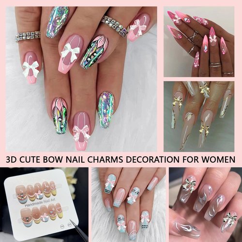Gold Bow Nail Charms Kit, Cute Pink Flowers Bows 3D Nail Charms for Nails Decoration, White Flatback Pearls Heart Nail Art Jewels for Women Manicure DIY Crafts Accessories