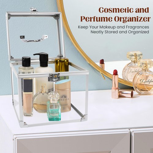 Donghome Crown Box 7.9 x 6.7 x 7.5inch, Clear Makeup Case,Cosmetic Organizer, Large Capacity Transparent Acrylic Artists Display Case for Vanity,Bathroom Counter or Dresser,Silver