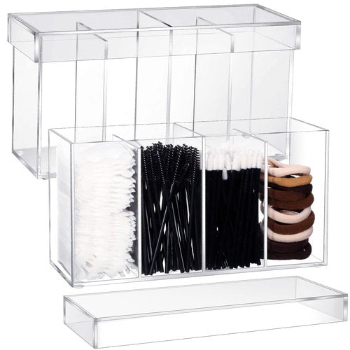 2 Pack 4 Compartment Acrylic Makeup Organizer with Lid Lash Cart Organizer for Lash Techs Bathroom Storage with 4 Tray Eyelash Mascara Brushes Supplies Brush Holder for Cosmetics or Office Supplies
