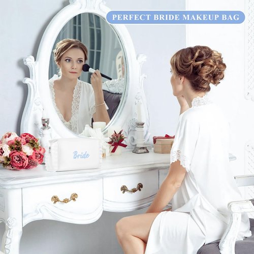 Etercycle Bride Cosmetic Bag, White Satin Bride To Be Makeup Bags Exquisite Embroidery Something Blue Bridal Shower Gifts, Ruffle Toiletry Bag For Engagement Wedding Bridesmaid Bachelorette Party