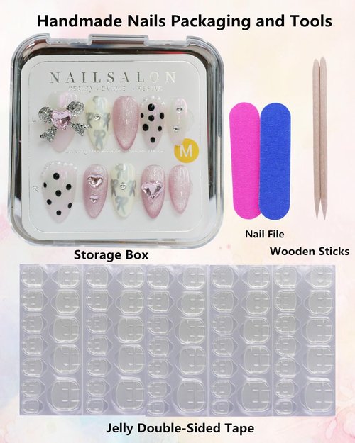 CAMILCY Press on Nails Handmade Nails Luxury Reusable Fake Nails For Girls Short Almond Armor White pink Diamonds HandPainted Salon Loveful Design Acrylic Gel UV Finished For Women 3D Nails 10PCS L