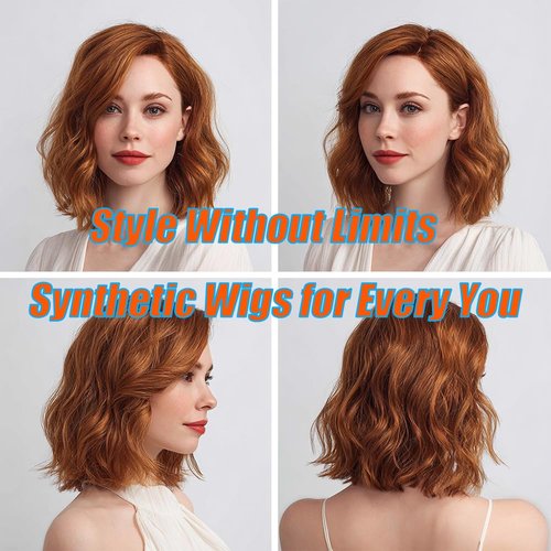 Short Wavy Wig for Women,Heat Resistant Synthetic Bob with Lace Hairline, Glueless Natural Look for Daily Wear (Medium Aubrn, Medium 14 Inch)