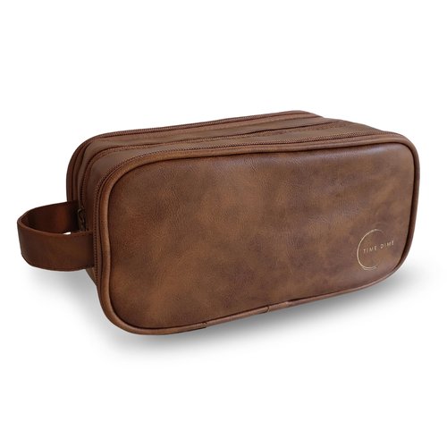 Time Dime Premium Men’s Toiletry Bag with Drawstring Pouch – Durable Water-Resistant Leather-Look Travel Organizer for Shaving, Grooming & Hygiene Essentials (Light Brown)