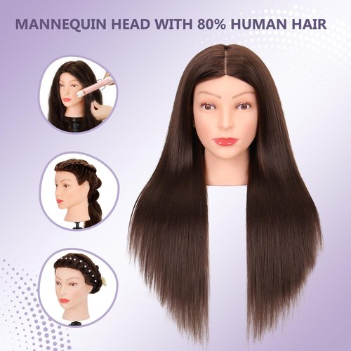 Mannequin Head Human Hair 80% Real Hair Cosmetology Mannequin Head for Braiding Styling Cutting 26-28” Doll Head with Clamp Tools (Brown)