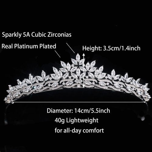 Sparkling CZ Tiaras for Women Floral Bride Crown Platinum Plated Wedding Quinceanera Prom Homecoming Crowns Flower Wave Design Bridal Jewelry Gift