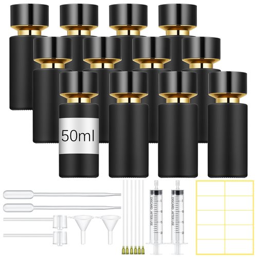 Teenyyou 12 Pack 50 ml Glass Perfume Bottles and Refill Tools Set, Travel Perfume Atomizer Spray Bottles, Portable Empty Refillable Atomizer Decanters with Dispenser Transfer Kit (Black)