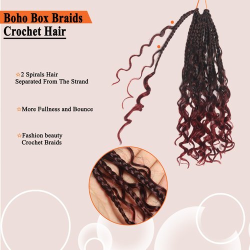 Flagship 9 Packs Goddess Box Braids Crochet Hair for Black Women,14 Inch Ombre Red Pre-looped Crochet Braids with Curly Ends,Burgundy Bohemian Curly Hippie Box Braids Crochet Hair -Tbug