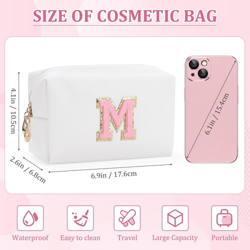 Etercycle Small Personalized Initial Letter Makeup Bag for Women, Cute Waterproof PU Leather Cosmetic Bag Travel Makeup Bag, Makeup Pouch Toiletry Pouch Organizer with Zipper (A, White)