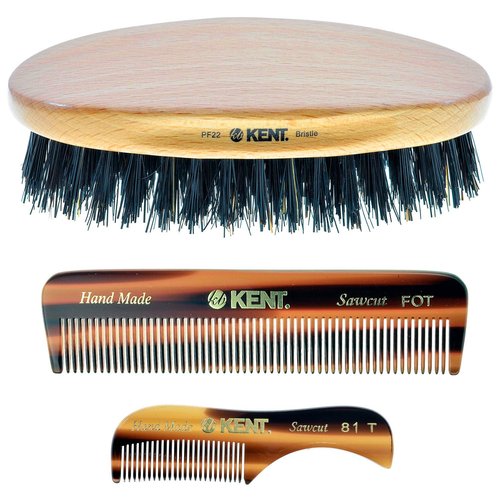 Kent Mens Beard Kit, 81T Extra Small Beard Mustache Comb, Fot All Fine Tooth Pocket Comb and PF22 Oval Palm Hair Brush. Beard and Mustache Grooming Kit for Travel and Home Beard Care. Made in England