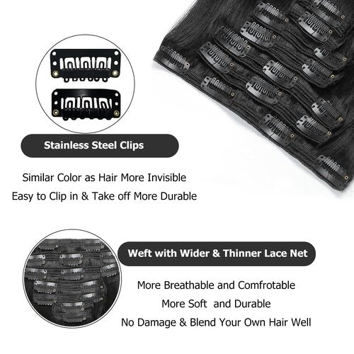 AIKAUR YaKi Straight Human Hair Clip in Extensions 120g Full Head for Women 100% Unprocessed Brazilian Virgin Human Clip ins Remy Hair Natural Black 8Pcs 22inch