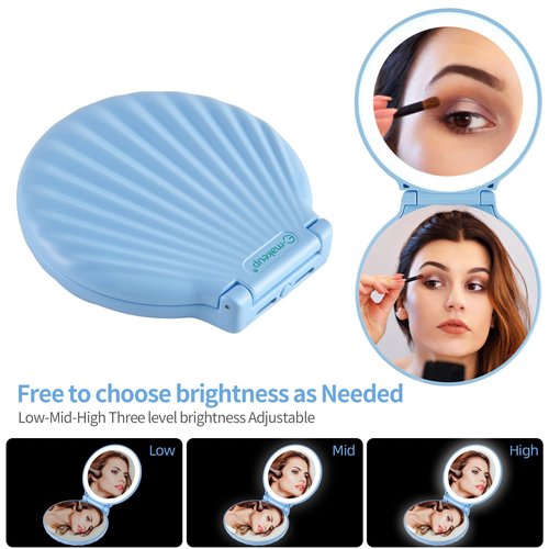 E-MAKEUP Compact Makeup Mirror, 10X /2X Magnification, Compact Travel Mirror with 3-Level Brightness, Shell Led Compact Mirror with Light, Small Gifts for Women & Men, Portable, Handheld
