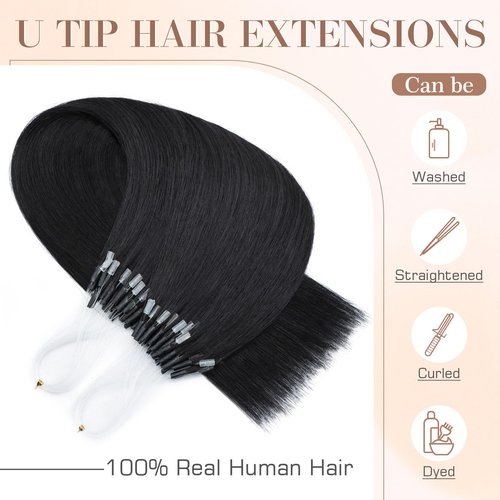 S-noilite Micro Link U Tip Hair Extensions Human Hair Jet Black K Tips Hair Extensions Human Hair Keratin U Tip Hair Extensions Straight 18 Inch 50 Strands 50g