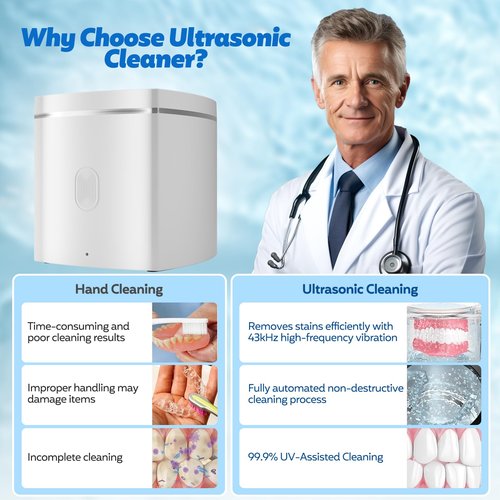 U-V Ultrasonic Dental Cleaner;UltraSonic Retainer Cleaner Machine for Denture,Aligner,Whitening tray,200ml Portable Mouth Guard Cleaner, Invisalign Cleaner Pod,Professional Sonic Jewelry Cleaner White