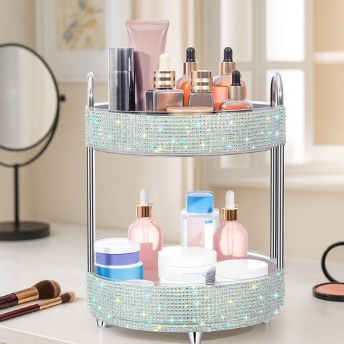 Honeydak 360 Rotating Perfume Organizer Rhinestone Bathroom Counter Organizer Makeup Holder with 2 Tiers Skincare and Perfume Storage, Large Capacity Vanity Storage for Cosmetic Countertop Decor