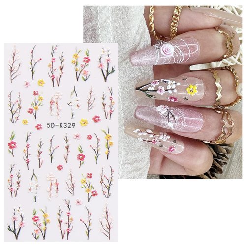JMEOWIO 3D Embossed Flower Nail Art Stickers Decals Self-Adhesive 5D Spring Summer Flora Nail Supplies Nail Art Design Decoration Accessories 4 Sheets