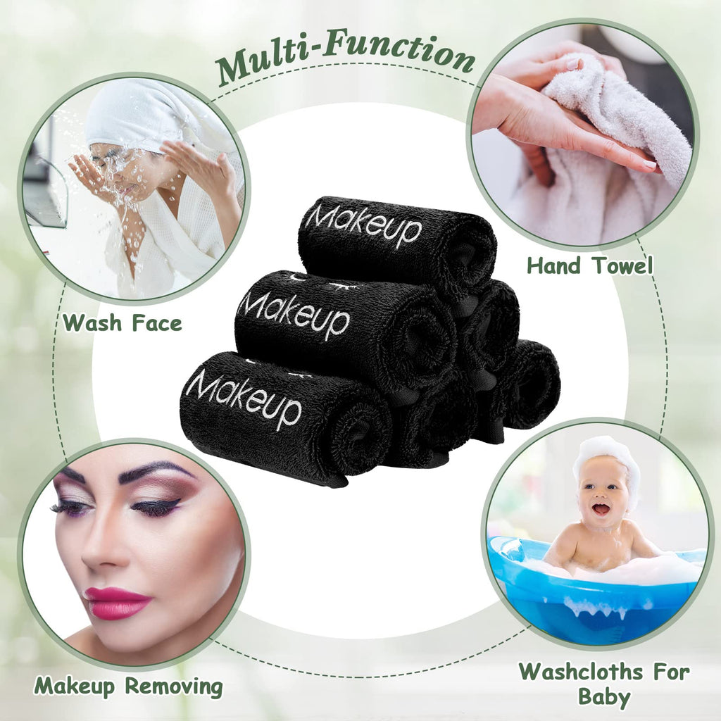 Vabean 30 Pcs Microfiber Black Makeup Washcloths for Face 13 x 13 Inches Makeup Remover Towels Reusable Absorbent Removers Face Wash Cloth with Embroidery for Women