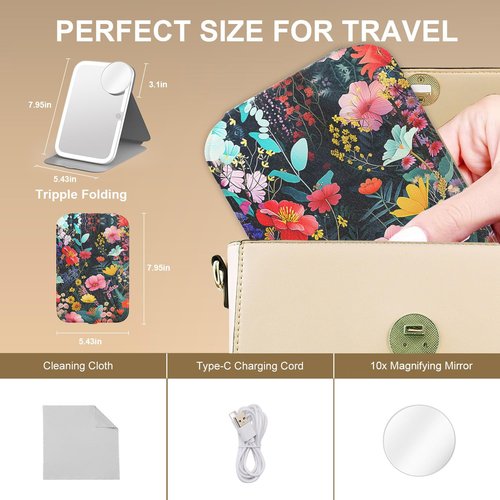Mocado Travel Makeup Mirror with Lights, 360 Rotation, 10x Magnification, 3 Color Lightings, Dimmable Touch Screen, Tabletop Light up Mirror