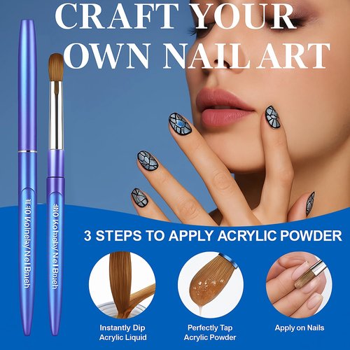 100% Pure Kolinsky Hair Acrylic Nail Art Brushes – Oval Crimped Tip for Acrylic Powder, Gradient Blue Metal Handle, Professional Nail Art Brush for Salon & DIY(#14)