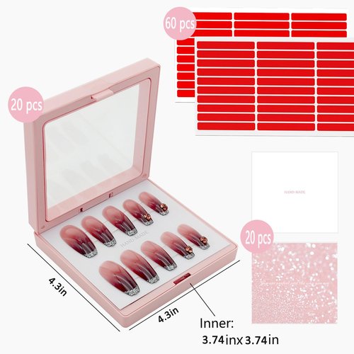 GUXACU Press On Nail Packaging Boxes 3D Floating Press On Nail Storage Box Nail Display Box with 60pcs Double Sided Adhesive Nail Display Tape for Nail Tech (Pink, 4.3 inch)