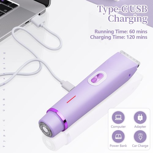 Beffkkip Ladies Electric Razor, 2 in 1 Dual Head Shaver Women, Bikini Trimmer for Women Personal Body Face Leg Arm Hair USB Charge Waterproof Wet and Dry (Purple)