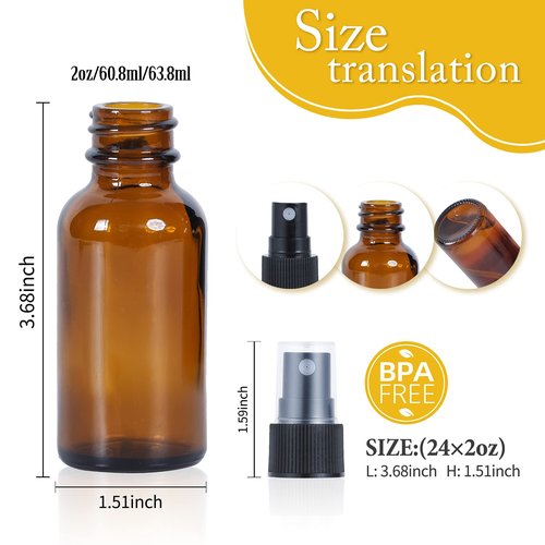 YONKAN 2oz Glass Spray Bottle, Fine Mist Boston Glass Bottles with Black Fine Mist Sprayer Small Clear Bottles for Essential Oils, Bath, Beauty, Hair & Cleaning, Amber, Pack of 24