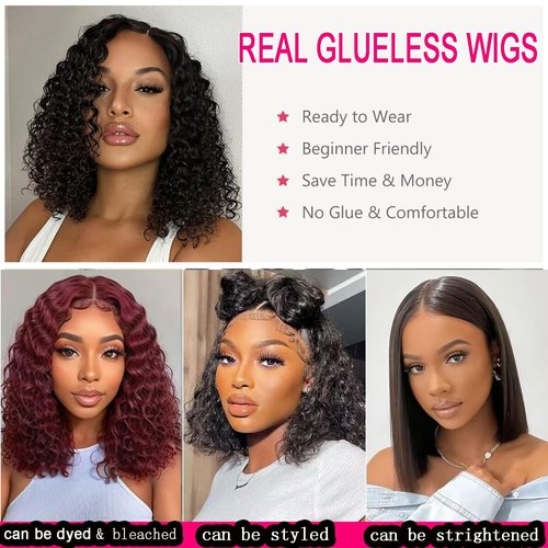 Potoki Short Bob Wig Human Hair 4x4 Glueless Wigs Human Hair Pre Plucked Pre Cut Deep Wave HD Lace Closure Human Hair Wigs For Black Women Curly Wig (12 Inch)