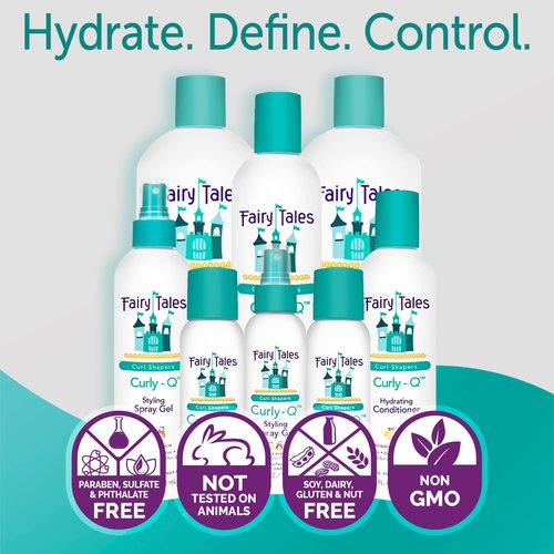 Fairy Tales Curly Q Hydrating Kids Shampoo 12oz, Conditioner 8oz, and Styling Spray Gel 8oz - Paraben, Sulfate, Gluten, and Nut Free - For All Curl Types Including Multi Cultural Hair (3 Pack)