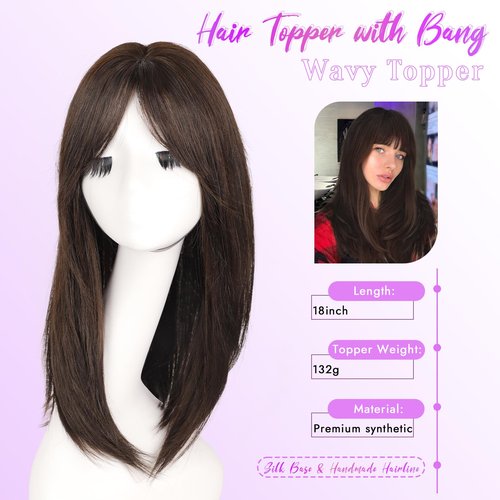 Eawwii Hair Topper for Women Clip in Bangs – 18 Inch Medium Length Straight 360° Full Coverage Dark Brown,Synthetic Natural Looking Piece for Thinning Hair