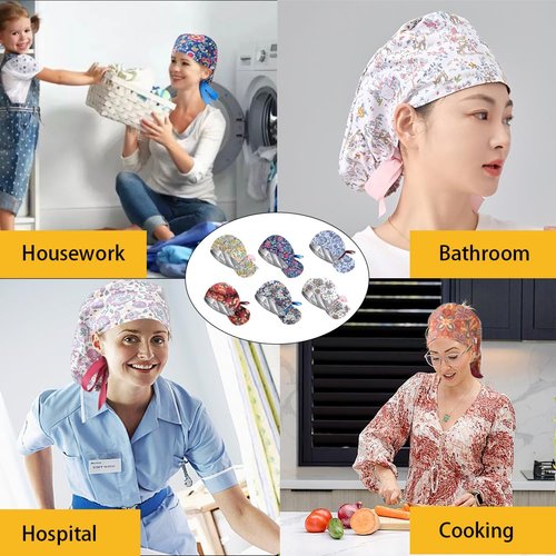 6Pcs Satin Lined Scrub Caps Women Ponytail, Adjustable Surgical Caps for Women, Scrub Hats, Nurse Cap, Nurse Surgical Hat with Button and Sweatband, Elastic Ponytail Pouch Tie Back
