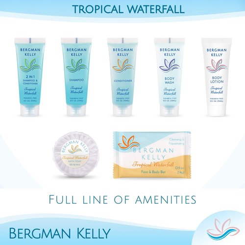 BERGMAN KELLY - Hotel Soap Bars in Bulk - Tropical Waterfall, 0.5 oz, 200 PK - Small Individually Wrapped Round Soap - Travel Size Mini Toiletries for Airbnb, Motel, Guest Bathroom