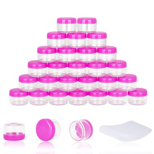 200PCS 5 Gram Sample Containers, 5ml Empty Jars with Lids, Small Cosmetic Containers, Mini Sample Jars with 16PCS Mini Spatulas for Make Up, Oils, Lotion, Powder, Paint, Jewelry, Lip Balms(Pink Lid)