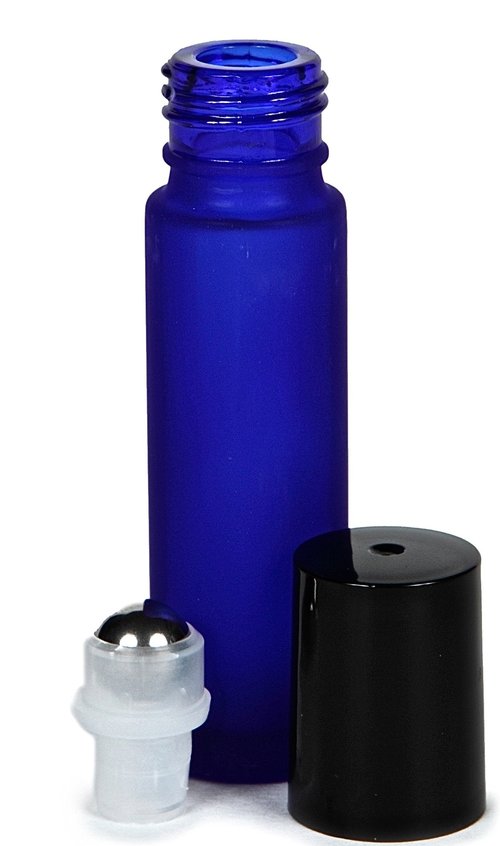 Vivaplex, 24, Frosted, Cobalt Blue, 10 ml Glass Roll-on Bottles with Stainless Steel Roller Balls. 3-3 ml Droppers included