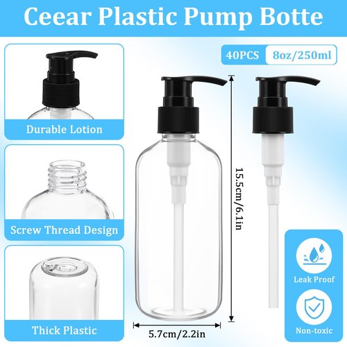 40 Pcs 8 oz Clear Plastic Pump Bottles, Refillable Lotion Dispenser Containers with Black Pumps & 10 Small Funnels,Empty Lotion Bottles for Shampoo, Body Wash, Cream & Liquid Soap