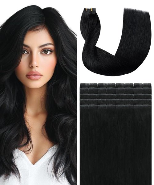 SURNEL Injected Tape in Hair Extensions 14 Inch Natural Real Human Hair Extension Jet Black Upgraded Seamless Remy Invisible Tape in Extensions 20Pcs 30g(#1,14)