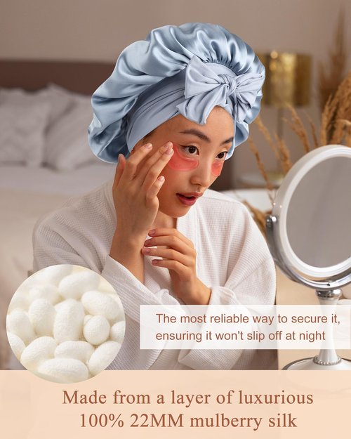 Silk Bonnet 100% Mulberry Hair Bonnet for Sleeping Women Hair Wrap with Elastic Band Sleep Night Cap(Blue)