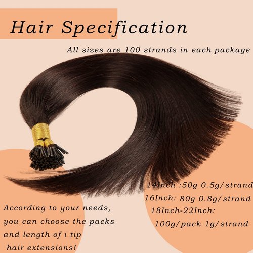 Jiameisi I Tip Hair Extensions Human Hair, 14inch 50g I-Tip Hair Extensions for Women Cold Fusion Extensions Itip Straight Real Human Hair #2 Dark Brown