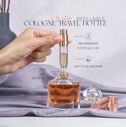 AricizBeauty Travel Refillable Perfume Atomizer 0.17fl.oz/5ml. Cologne Pocket Recyclable Portable Sprayer Bottle. Mini Scent Pump Case Dispenser Perfume Container (GREY+GLOD)