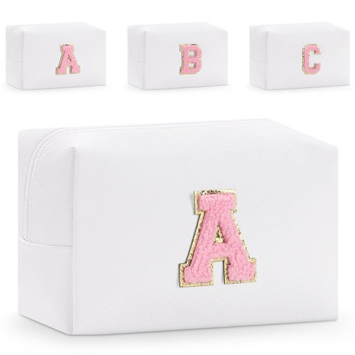 Etercycle Small Personalized Initial Letter Makeup Bag for Women, Cute Waterproof PU Leather Cosmetic Bag Travel Makeup Bag, Makeup Pouch Toiletry Pouch Organizer with Zipper (A, White)