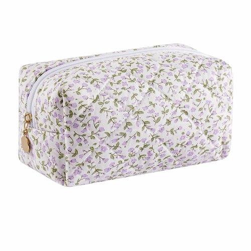 HHQQWZ Cute Floral Cotton Makeup Bag for Women, Travel Cosmetic Bag Quilted Zipper Make Up Pouch, Pink Purple Floral Flowers Toiletry Organizer Kawaii Makeup Cosmetic Travel Cloth Bag (Purple)