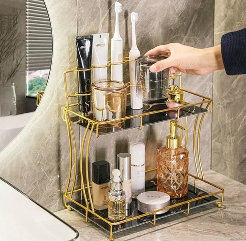 Banvikon 2-Tier Metal Bathroom Shelf Organizer, Makeup Organizer for Vanity, Black Gold Perfume, Skincare, Cosmetic Display. Bathroom Countertop Organizer.